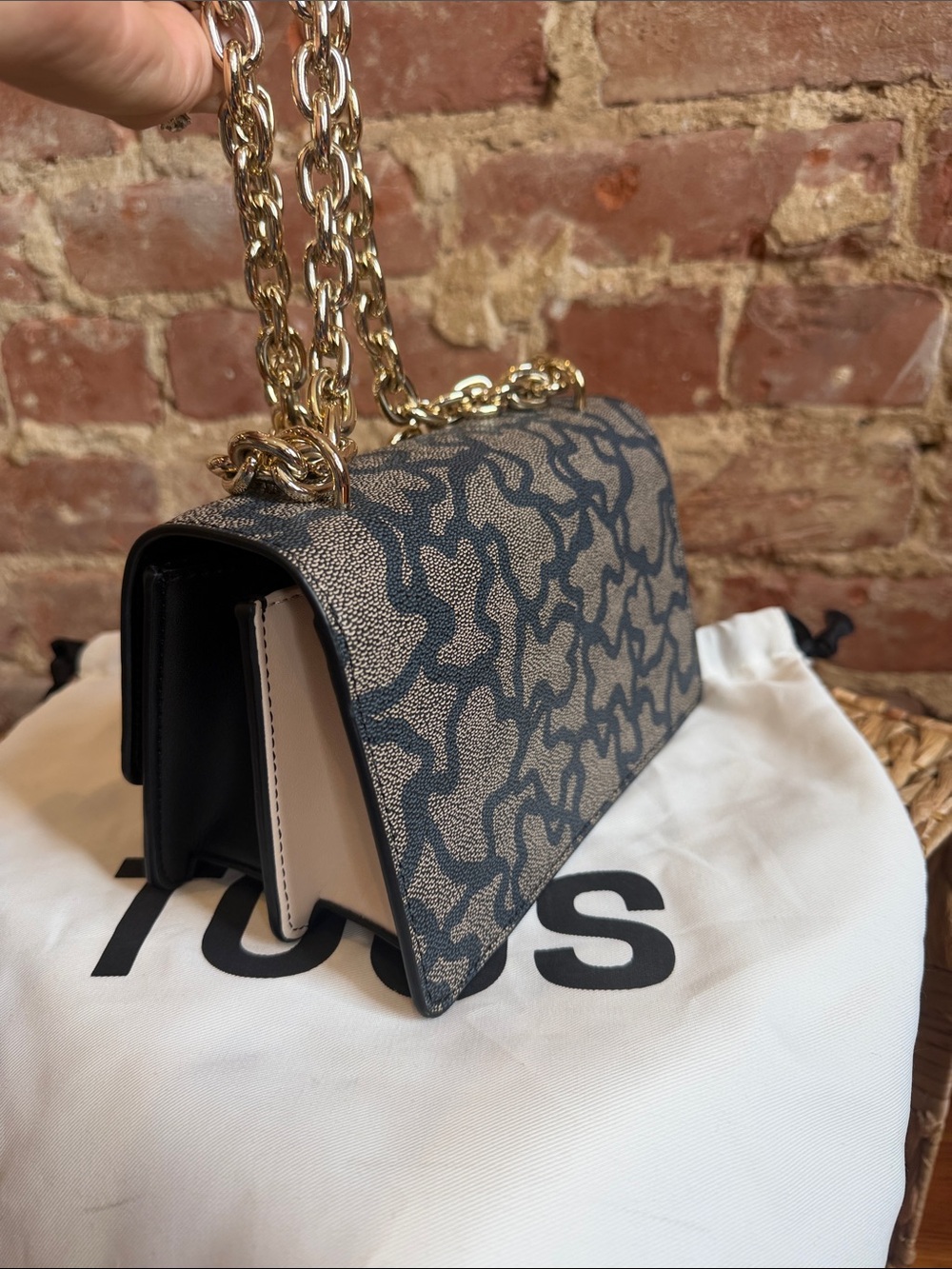 Tous “Kaos” Navy And Brown Monogram Crossbody With Gold Chain View 3